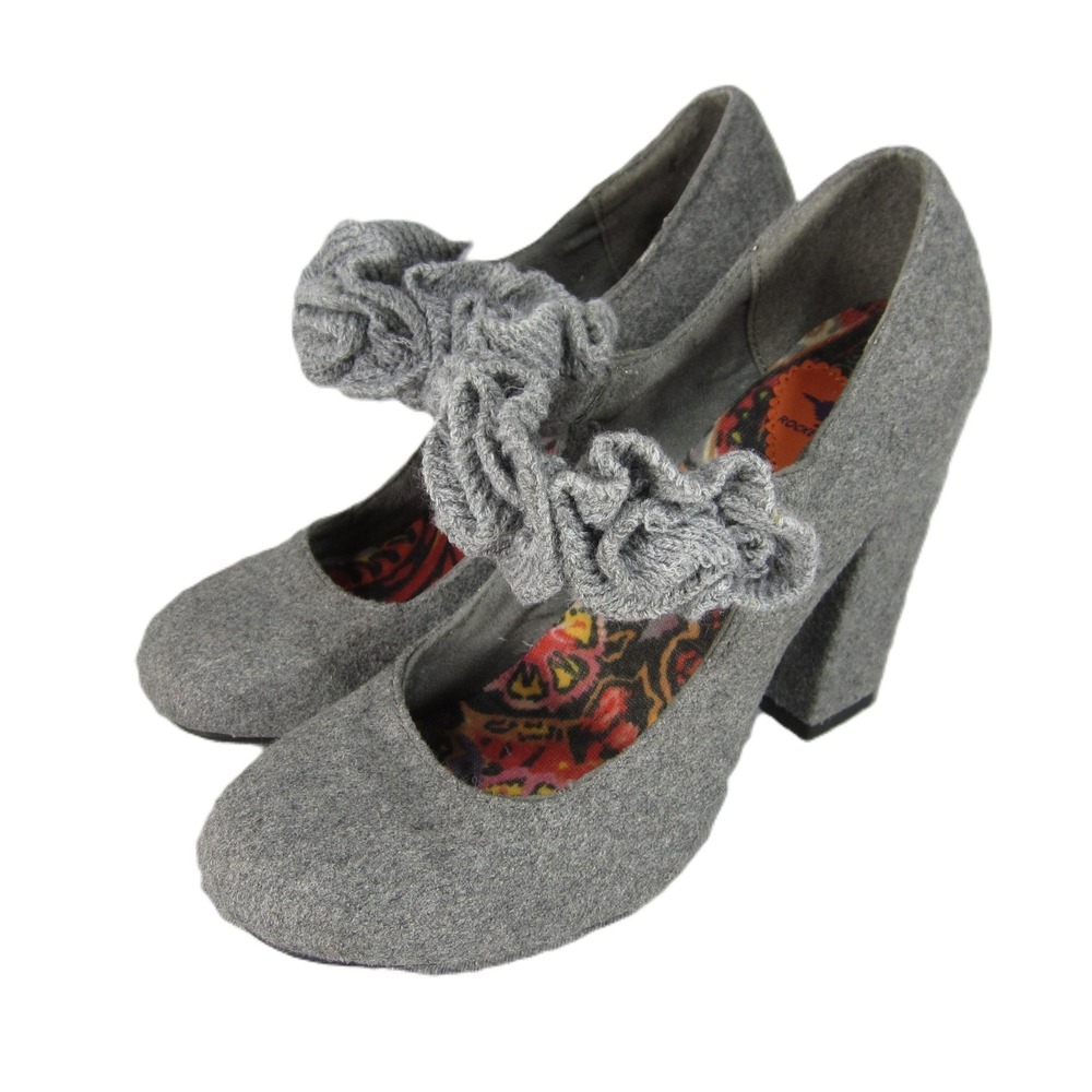 Rocket Dog Mary Jane Pump Heels 8.5 Gray Wool Ruffle Strap Block Heel 50s Pin Up